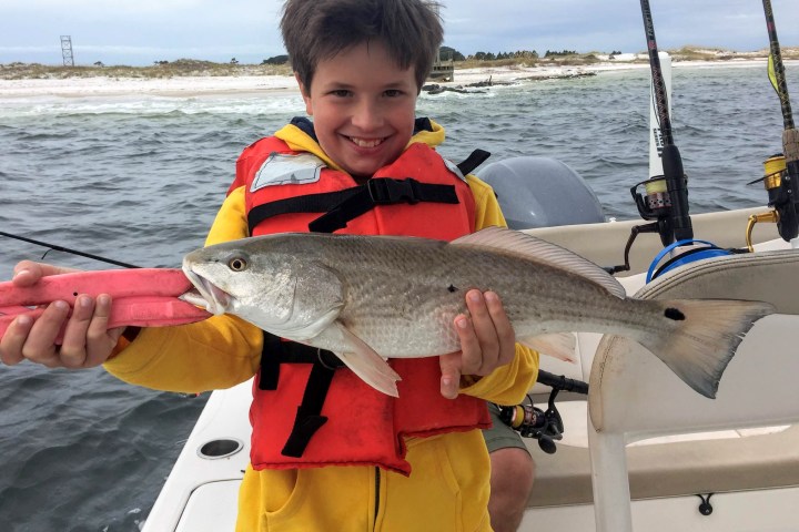 Little boy holding up fish he caught on fishing trip