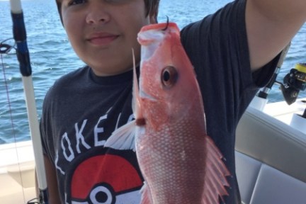 Boy holding up red snapper